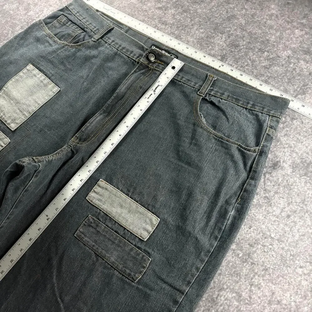Vintage Sacred Crown Men’s 52 Charcoal Patchwork Denim Jorts Baggy Wide Leg Y2K